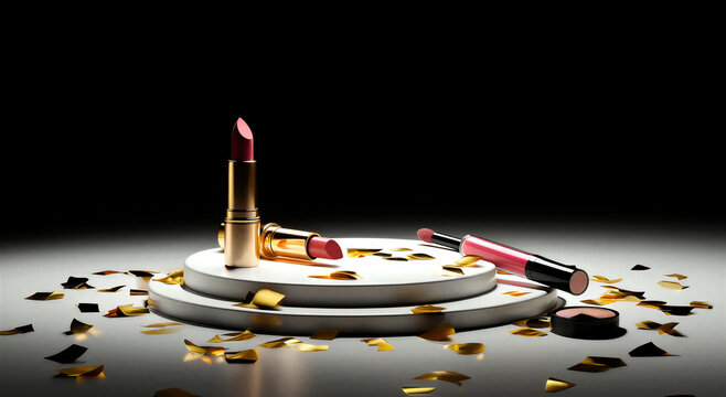 Elegant collection of luxury lipsticks displayed on a white pedestal with golden confetti scattering around