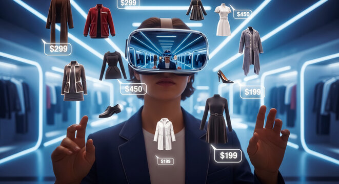 Woman wearing virtual reality headset and seeing floating clothing items with prices in a futuristic store