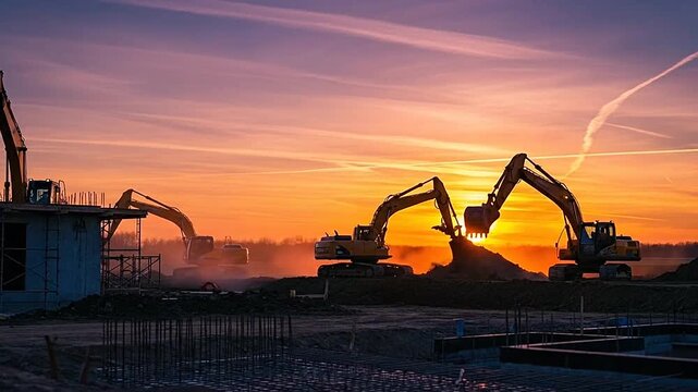 Construction site with heavy machinery at sunset, creating a beautiful orange sky backdrop