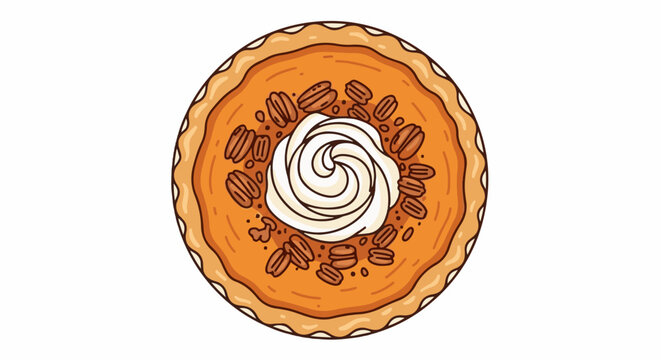 Whimsical illustration of a whole pumpkin pie with pecans and whipped cream topping