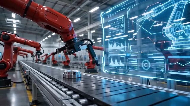 Robotic arms operating on assembly line in digital industrial motion video footage