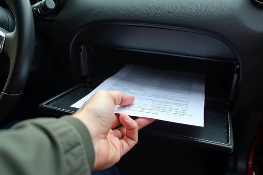 Close-Up of Hand Reaching into Black Glove Compartment for Car Registration Papers