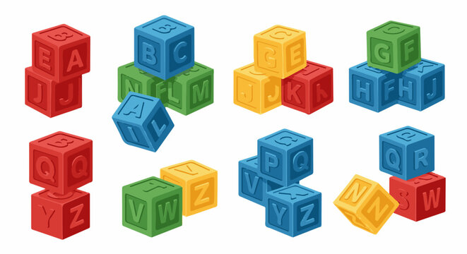 Colorful alphabet blocks stacked in various arrangements on a white background
