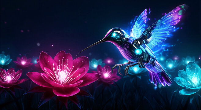 Futuristic glowing robotic hummingbird hovering near vibrant neon flowers in a magical digital garden scene