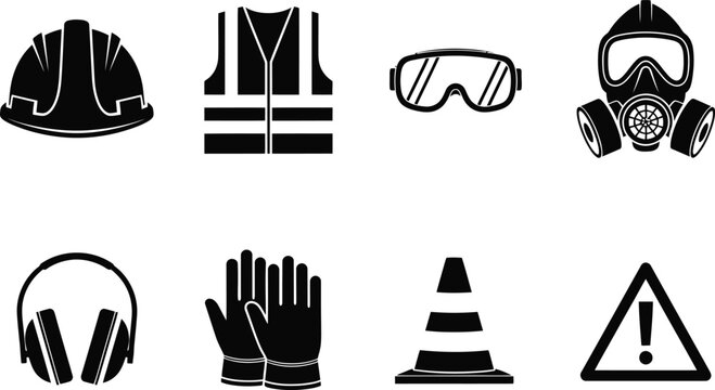 Modern mechanical and safety symbols illustrated in black and white Vector