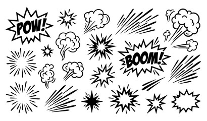 Comic explosion elements set with boom pow bang bursts smoke and speed lines black and white vector isolated on white © Mithun
