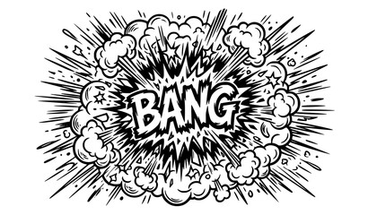 Comic bang explosion burst vector black and white cartoon boom effect with smoke and speed lines isolated on white © Mithun