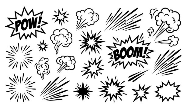 Comic explosion elements set with boom pow bang bursts smoke and speed lines black and white vector isolated on white