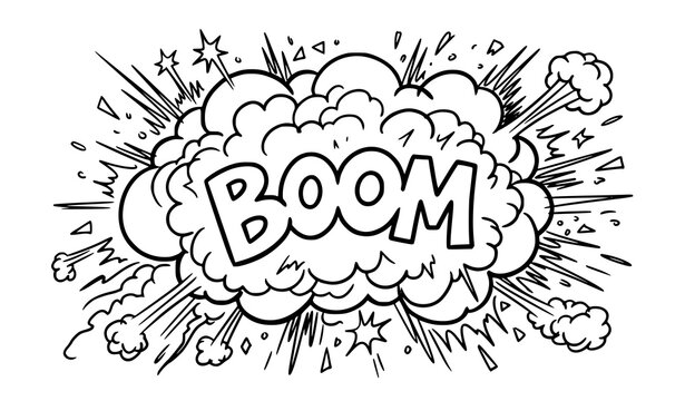 Hand drawn comic boom explosion cloud vector doodle burst with smoke and energy lines black and white isolated on white