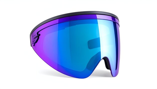 Ski goggle lens, iridescent blue and purple reflective coating, white background