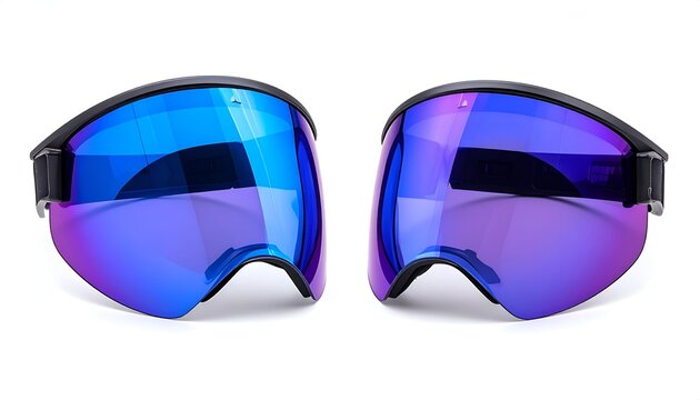 Pair of dark-framed ski goggles with reflective blue and purple lenses