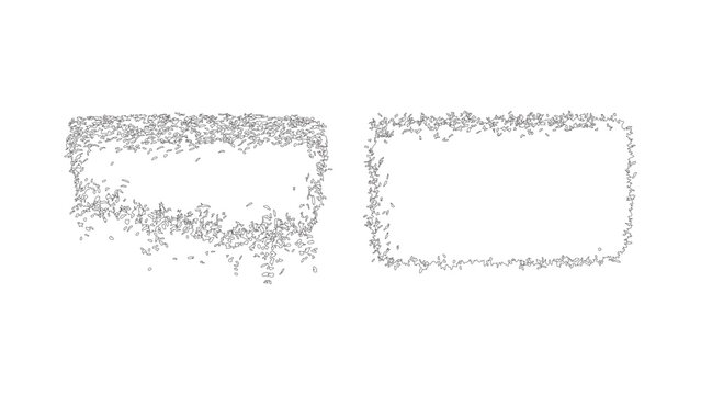 Textured frames composed of scattered letters and symbolic elements.