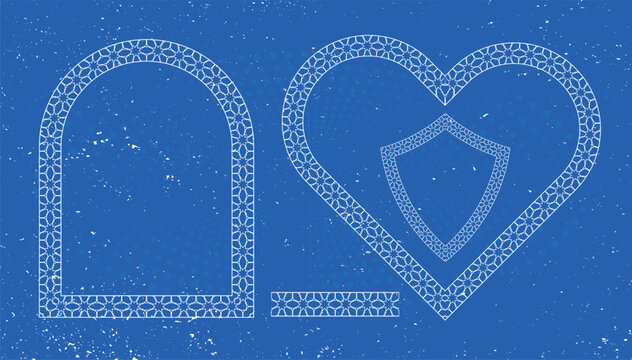 Islamic geometry frames with arch heart and shield shapes white line vector illustration.