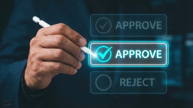 A close up view of a professional person in a business suit using a digital pen to select the approve button on a virtual interactive menu panel, highlighting corporate decision making workflows.