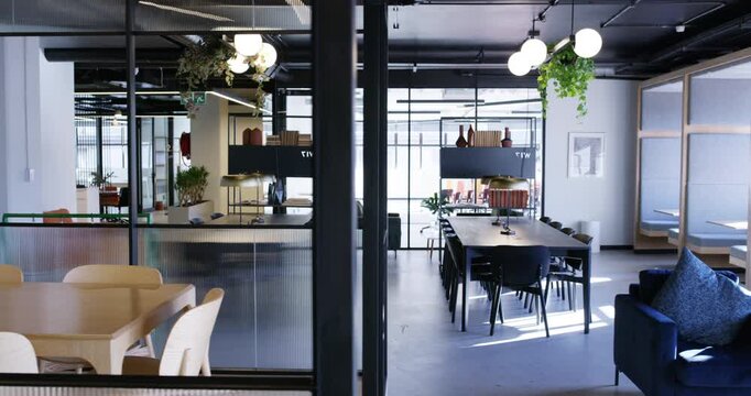 Empty, modern office and furniture in workplace or building for meeting, career and workspace. Business space, chair and interior design of seminar, workshop or presentation with corporate company
