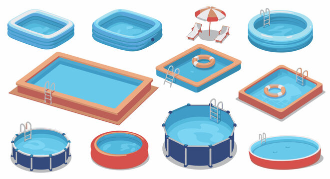 Various inflatable and frame swimming pools are depicted from different angles