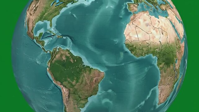 A detailed illustration of a generic planet Earth, showing continents and oceans on a green