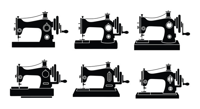 Sewing machine silhouettes set of six black vector icons