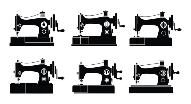 Sewing machine silhouettes set of six black vector icons
