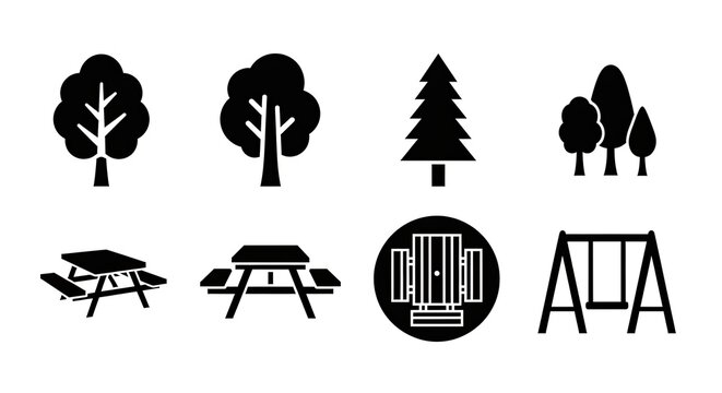 Black silhouette icons of trees picnic tables and swing set