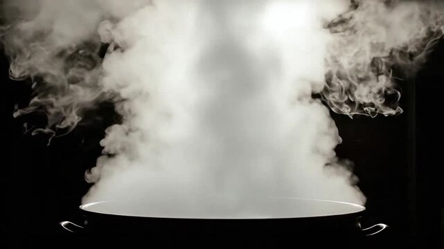 A large cooking pot with steam rising up into the air against a dark background