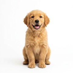 Obraz premium Happy golden retriever puppy sitting isolated on white background