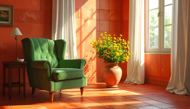 Sunny room with green armchair, orange tile, flowers, and light