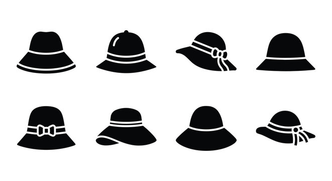 Flat vector collection of various women s hats black silhouettes
