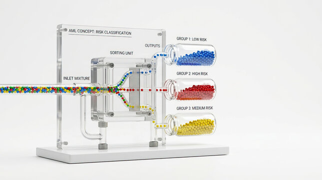 AML concept risk classification sorting unit with colored balls separating into low, high, and medium risk groups, illustrating particle filtering and sorting process