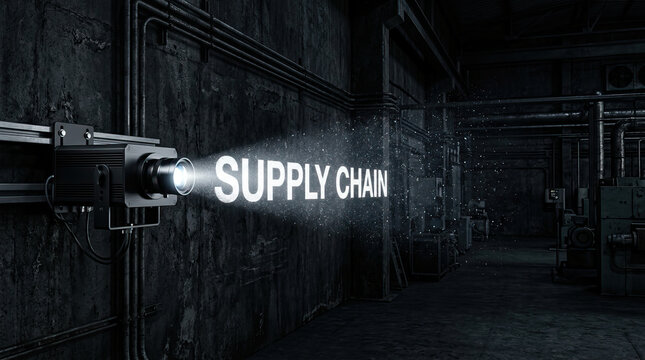 Supply chain text projected from light box in dark industrial warehouse with pipes and machinery, conveying logistics and manufacturing concept