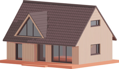Modern cozy wooden house exterior with sloped roof large windows and minimalist Scandinavian design style © Monjurul