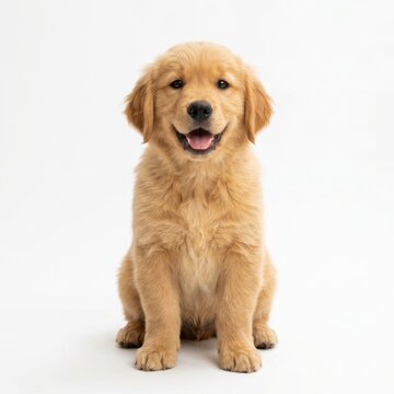 Happy golden dog sitting and smiling isolated on white background