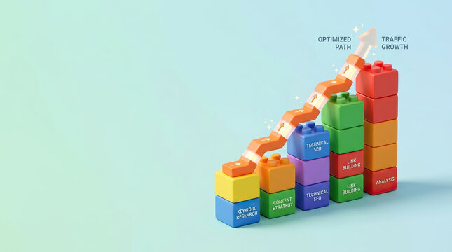 SEO keyword research and content strategy building blocks with technical SEO and link building leading to traffic growth and optimized path concept