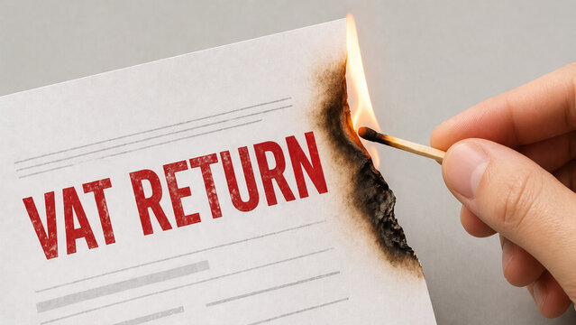 VAT return document burning with matchstick, symbolizing financial stress or protest, close up of hand holding match and paper edge burning