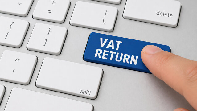 VAT return button on keyboard with finger pressing it, concept of tax filing and financial management