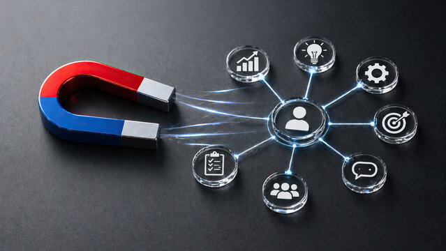 Magnet attraction business marketing strategy customer concept growth idea target red and blue magnet attracting icons representing business growth, ideas, teamwork, and target strategy dark