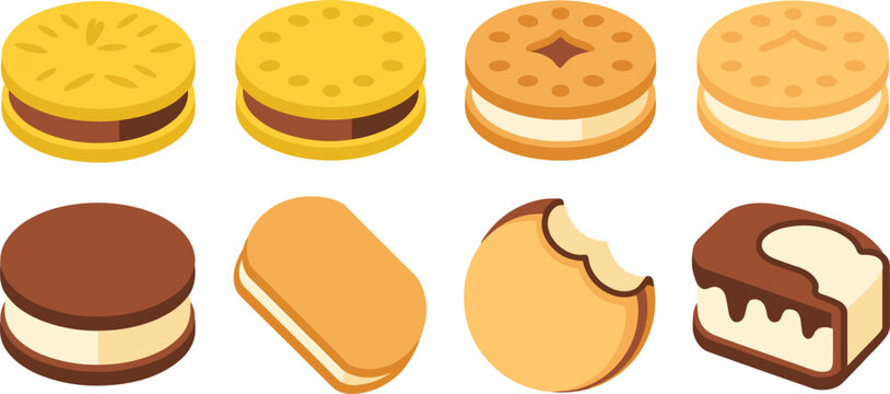 Delicious Sandwich Cookies Vector Set with Cream and Chocolate Fillings Including Bite Marks and Glaze for Bakery Menus and Sweet Dessert Designs