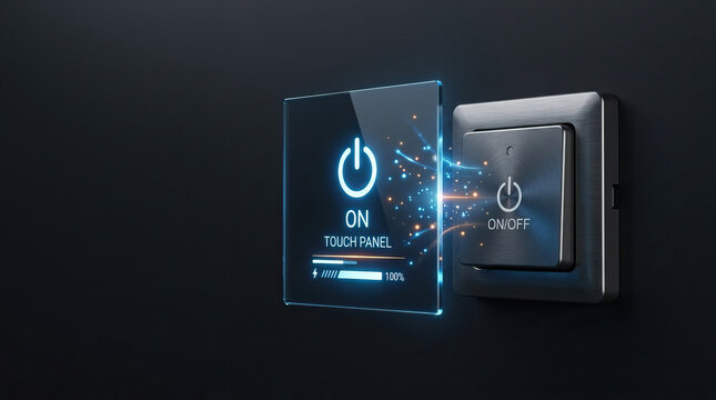 Smart switch touch panel power button digital interface technology modern design glowing light energy saving home automation electronic device control panel off switch blue light glass screen wall