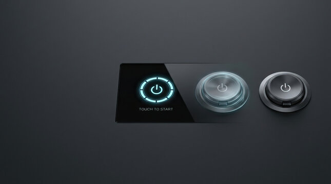 Touch to start button with glowing blue light, modern digital power switch, sleek black surface, futuristic control panel, technology concept with illuminated icon