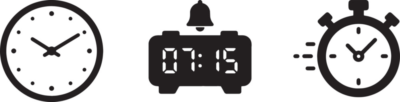 Collection of timekeeping devices including analog clock digital alarm and stopwatch silhouettes against white
