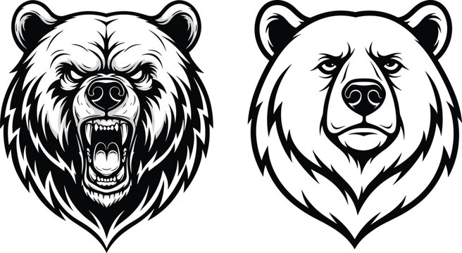 Bear head mascot collection with fierce and calm wildlife illustrations for sports logo and tattoo design projects