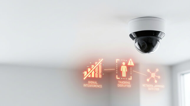 Security camera with signal interference and tracking disruption warning icons, network jamming detected alert in modern indoor setting