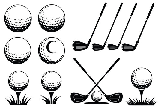 Vintage golf club ball set classic sports equipment collection with retro wooden clubs and textured golf balls, heritage sport concept illustration, nostalgic athletic lifestyle design, isolated on 