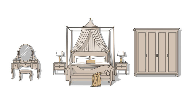 Luxurious master bedroom suite showcases a grand canopy bed, a large four-door wardrobe, matching nightstands, and a vanity table.