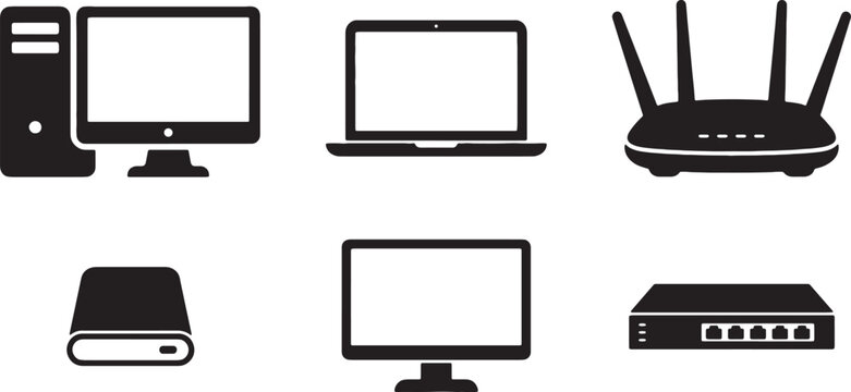 Computer hardware icons in silhouette against a white background for technology concepts