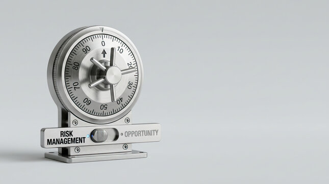 Metal combination lock with dial and switch labeled risk management and opportunity, symbolizing decision making and balance in business or finance