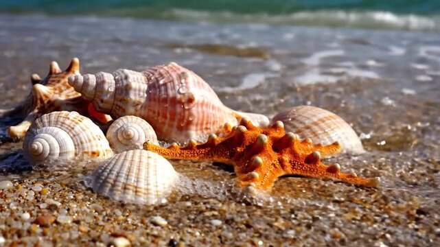 A diverse collection of seashells and starfish resting on a textured sandy surface, featuring various shapes like conch, scallop, and spiral shells with natural beach elements.