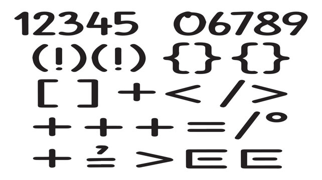 Font of Numerals and Symbols: A collection of numerals and symbols arranged in a clean, legible font, ready for diverse applications, from coding to education.