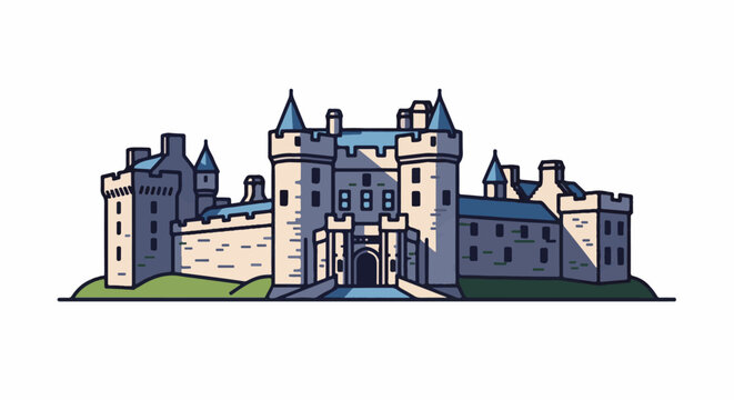 A stylized pixel-art castle with blue roofs and towers on a grassy hill