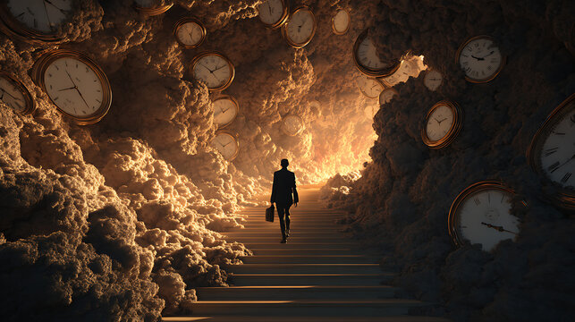 A lone figure ascends glowing stairs through a surreal cavern of suspended clocks and clouds, symbolizing time pressure, ambition, deadlines, mortality, and the relentless journey through life, career